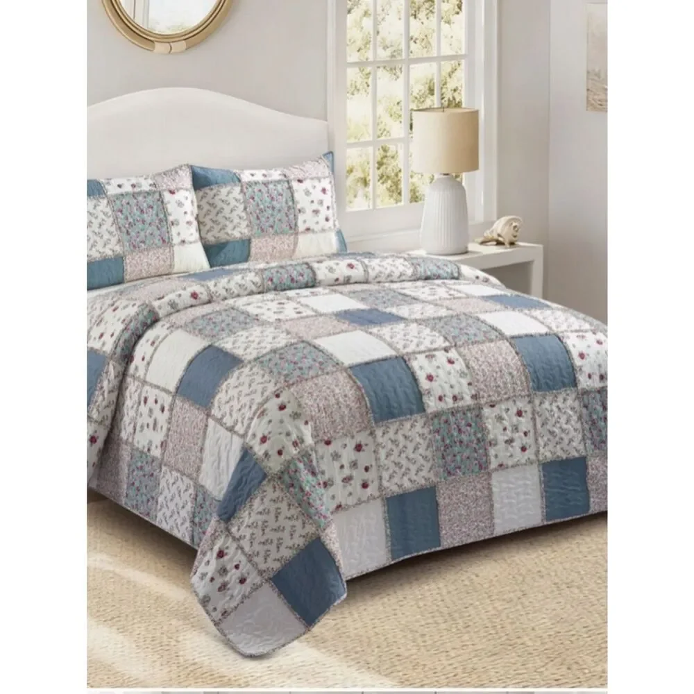 Cottage Farmhouse Patchwork Queen Rag Quilt Set Printed Floral Pattern Country